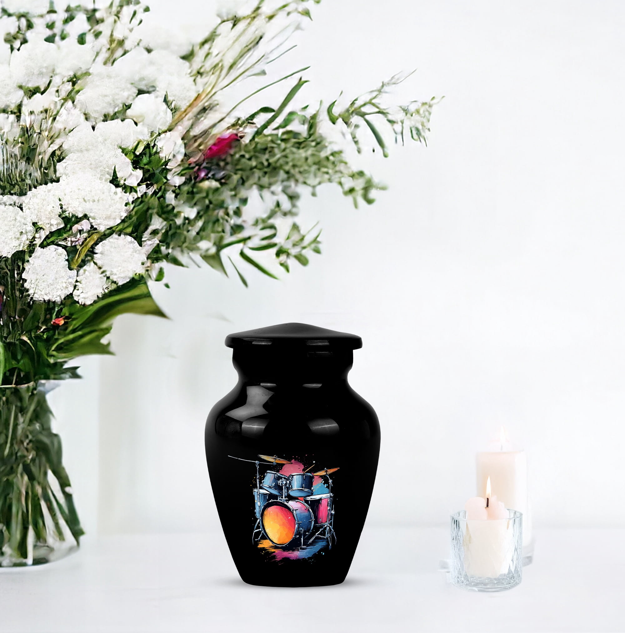 Drummer Memorial Keepsake Urns Set Of 4, Splash Colour Mini Urn For Ashes Adult Male, Black Musical Tribute Cremation Urn, Colourful Drum Set Funeral Keepsake Urns (Size, 3 Inch, 4 Pcs)