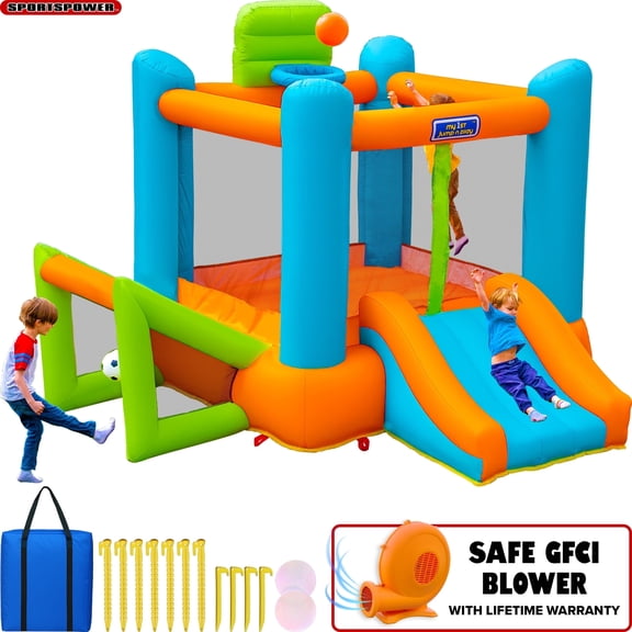Sportspower My 1st 4-in-1 Inflatable Bounce House with Blower, Soccer Goal & Basketball Hoop, Indoor/Outdoor Kids Inflatable Bouncer