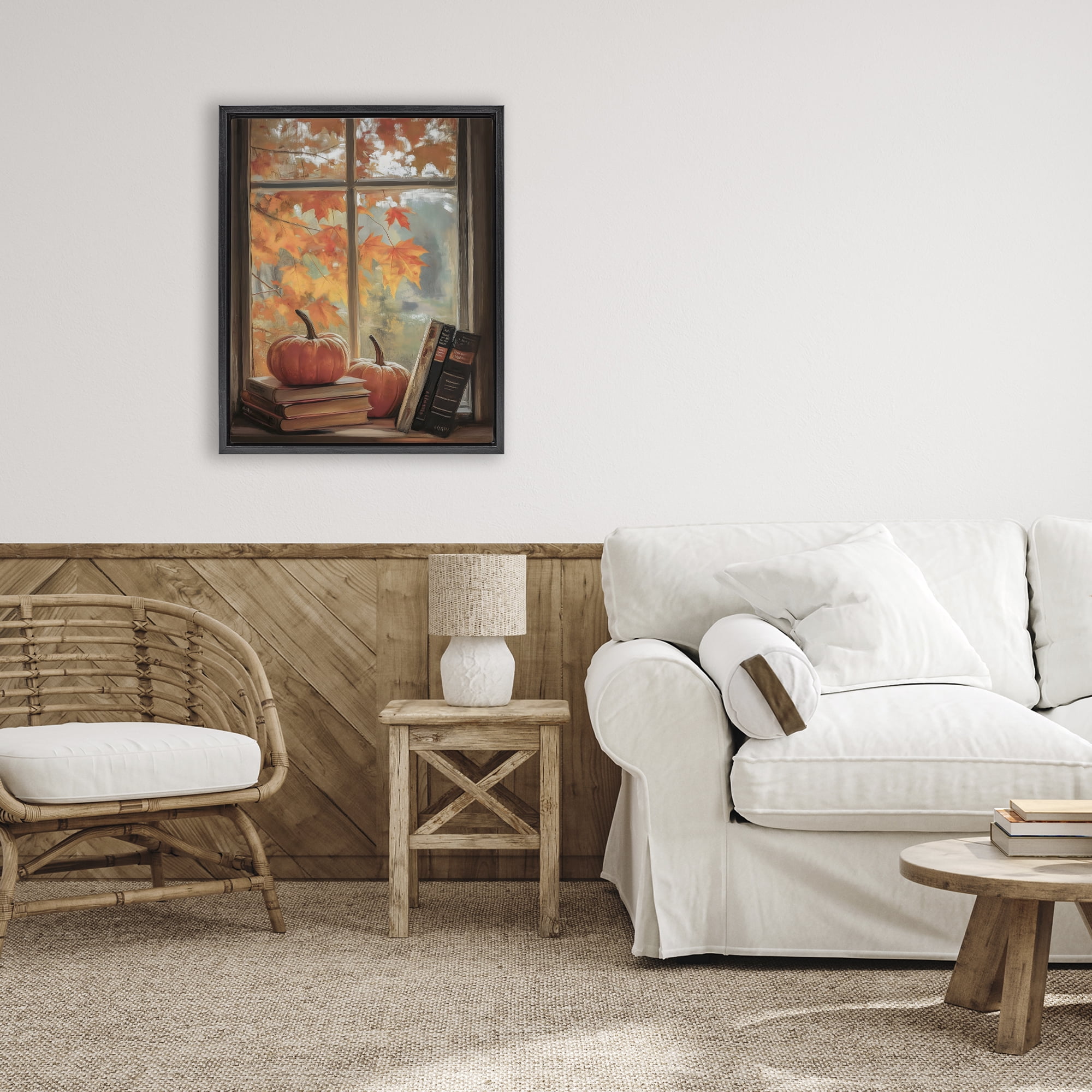 Cozy Fall Window Books Black Framed Floater Canvas Wall Art, design by Arlington Prints