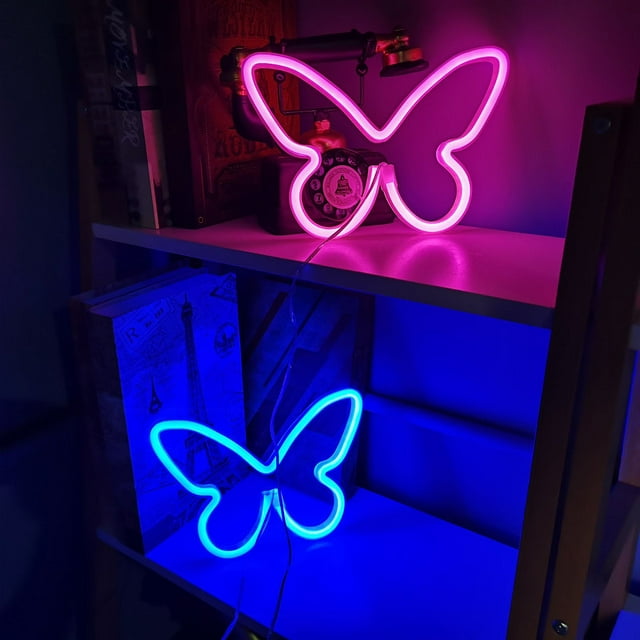 Letreros de neón de mariposa, luz LED de mariposa con batería 3AA, decoración de luz de neón de pared operada por USB, arte de pared de neón de mariposa, 2 uds.