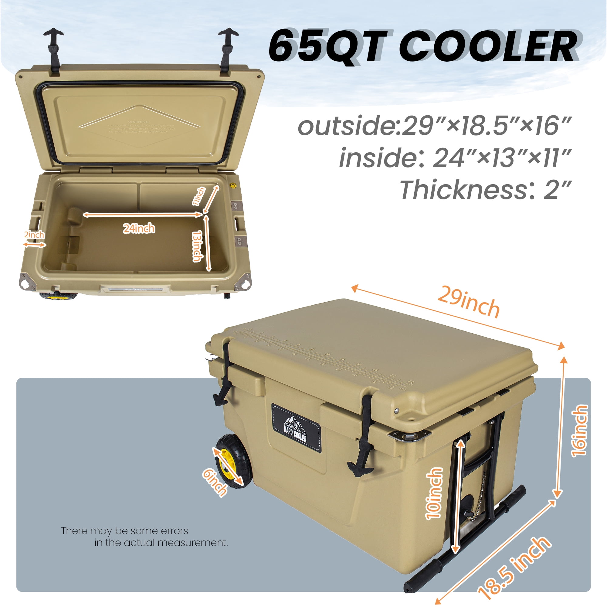 65 Quart Cooler, Ultra-Tough Hard Shell Ice Chest, Heavy Duty Insulated Portable Cooler with 6-Day Ice Retention for Camping, Job Site, Tailgating, Beach & Fishing