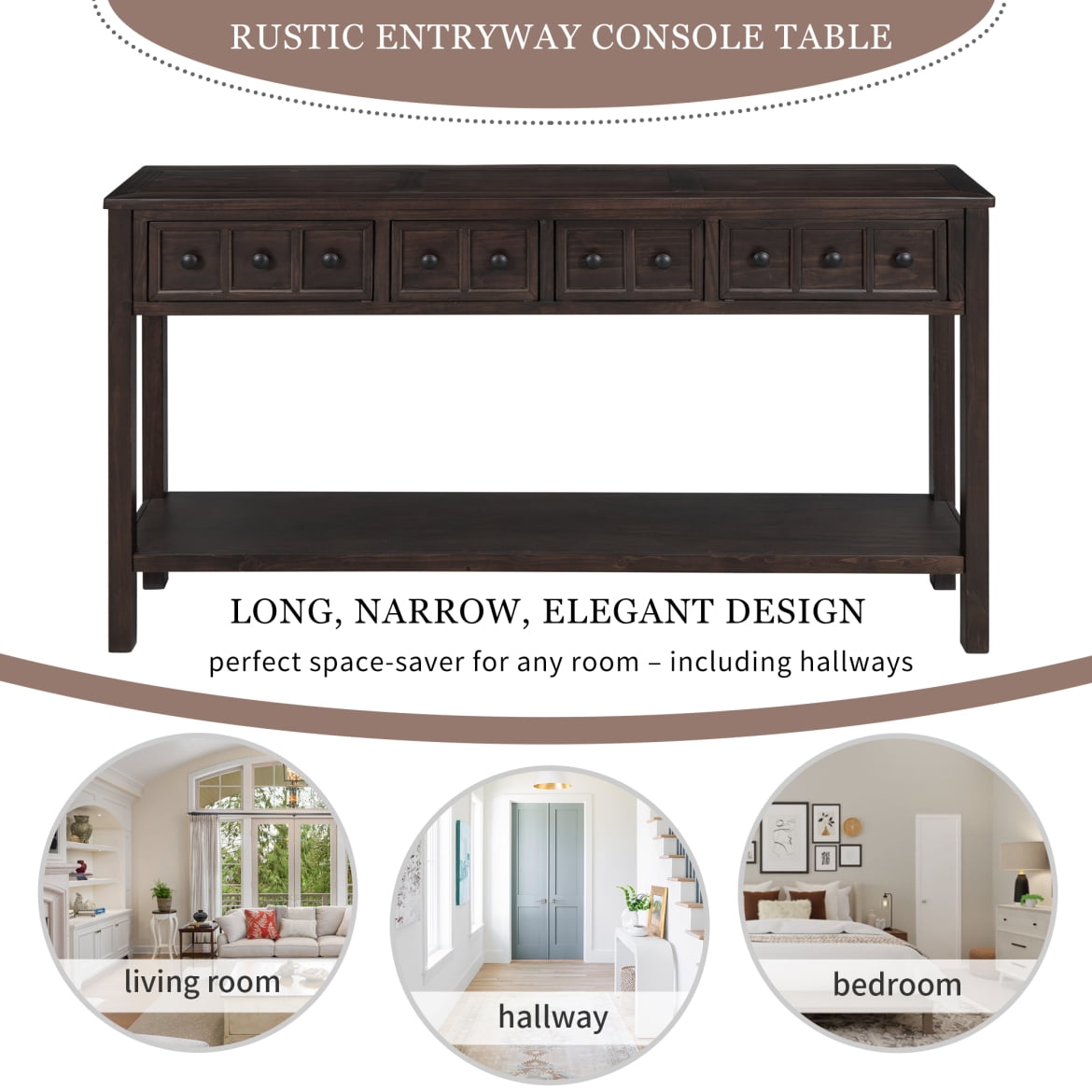 Console Table, Console Tables for Entryway with 4 Drawers and Open Storage Shelf, 60" Long Sofa Table in Solid Wood, Narrow Console Table for Living Room, Couch, Hallway, Kitchen Counter, Espresso