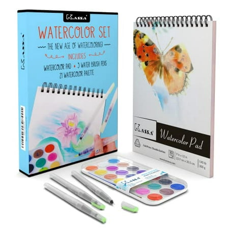 Kassa Watercolor Set for Kids and Adults: Painting Kit Bundle Includes Unique Water Brush Pens (3 Assorted Sizes), Water Color Paper Pad (30 Sheets), and Complete Set of Watercolor Paints (21 Colors)