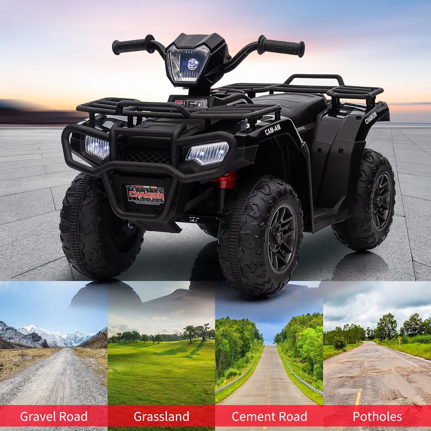 Acekid 12V Ride on ATV High/Low Variable Speed Ride on Electric Vehicle with LED Light Music USB 1.5-2.2mph Safety Speed Black