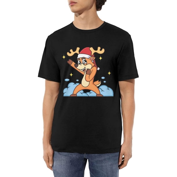 Camisetas de algodón para hombre con dibujos animados de ciervos navideños con pose linda, camisetas casuales básicas de cuello redondo, camisetas de manga corta.