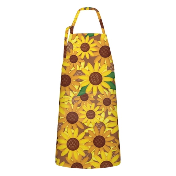 Brown Yellow Sunflower Pattern Apron-Garden Aprons for Women with Pockets-Cotton Linen Waterproof Kitchen Cooking Gardening Aprons Adjustable for Kitchen,Cooking,BBQ and Salon 33x27 Inch