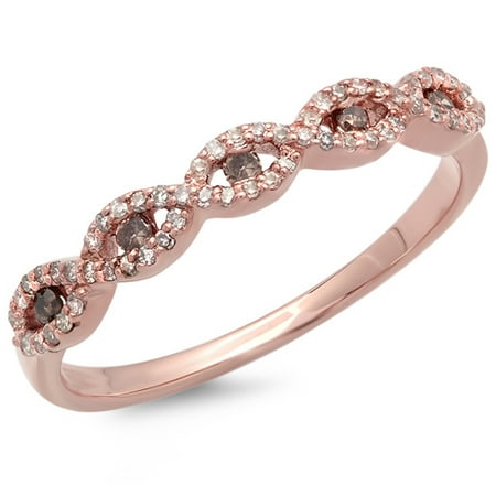 - 0.25 Carat (ctw) 18K Rose Gold Champagne & White Diamond Bridal Stackable Wedding Swirl Band 1/4 CT