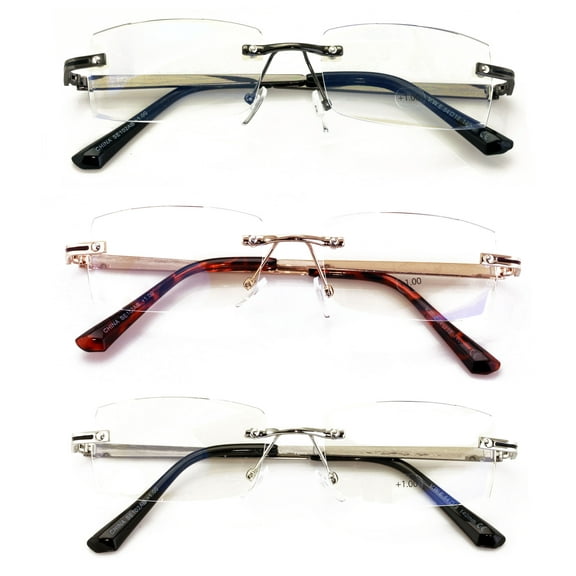 3 Pairs Men Full Rimless Reading Glasses Metal Frame- Rectangular Anti Blue Blocker UV Protection Reader with Daimond Cut Clear Lens 1.25