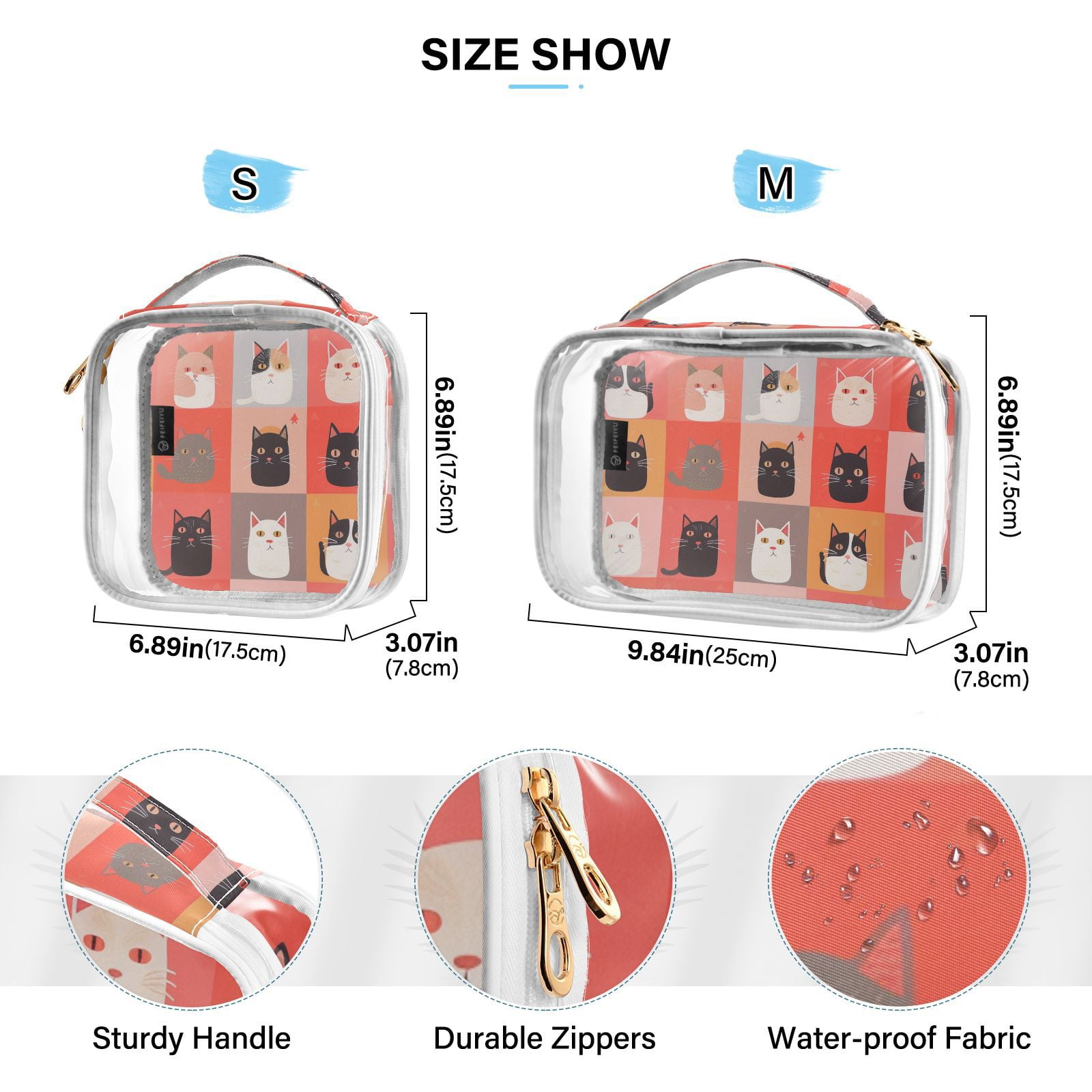 Clear Makeup Bags with Handle Large Opening 2 Pack Set Toiletry Bag Quart Size Bag, for Women Man Traveling Travel Essentials, Toiletries and Other. Cute Cat Meow