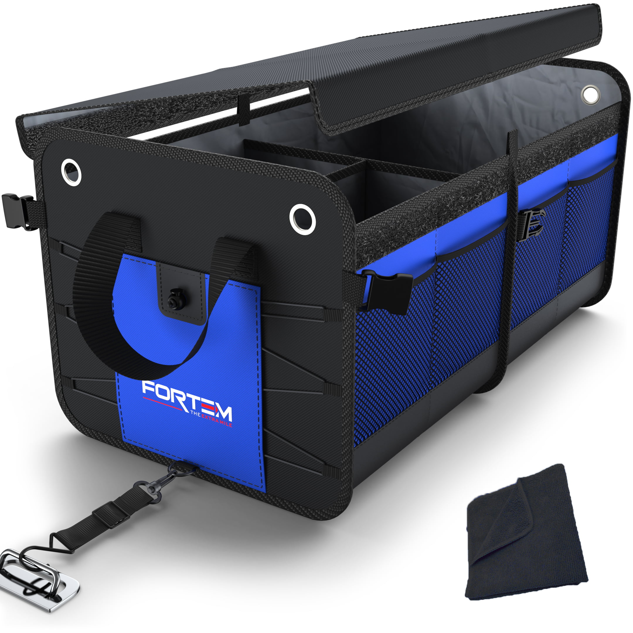 Fortem Car Trunk Organizer Non-Slip Waterproof Bottom Foldable Cover 2 Compartments, Blue Cargo Storage Straps 