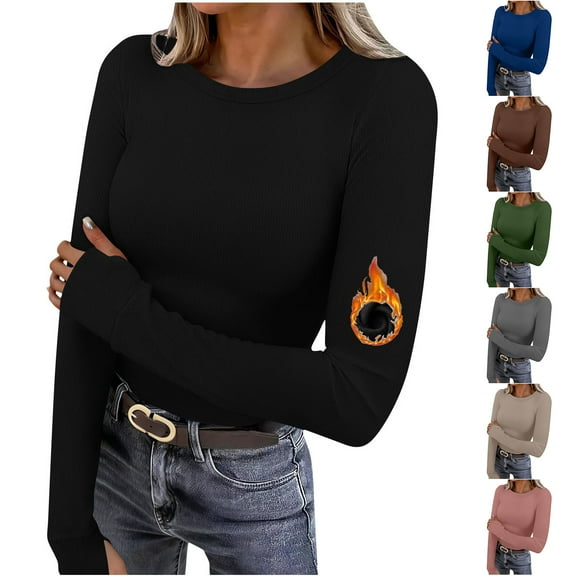 Otntypg Women Fall Spring Thermal Clothes Long Sleeve Fleece Lined Shirts Ribbed Knit Fitted Basic Tee Going Out Tops Underscrub Casual Outfits with Thumb Holes Brown S