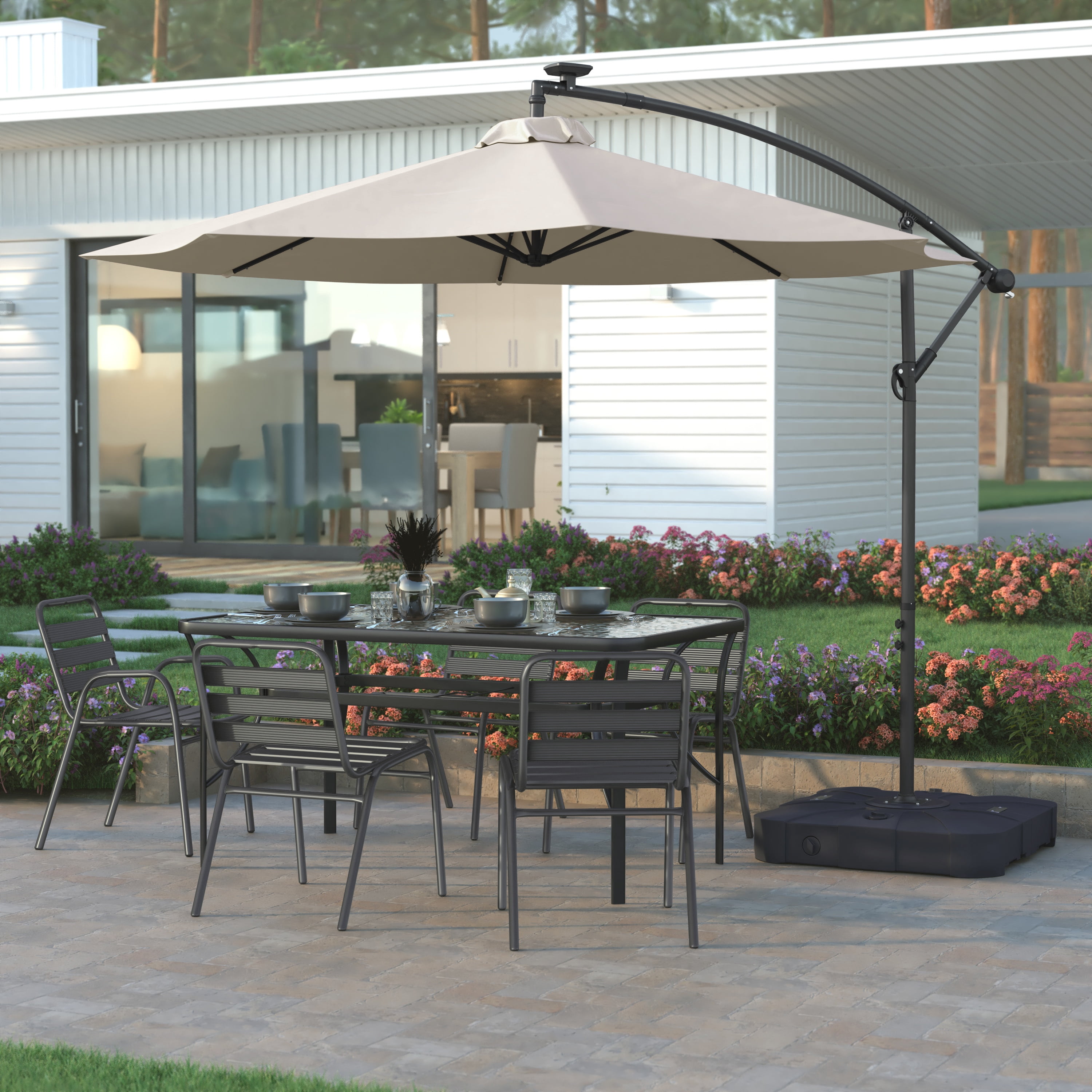 Emma + Oliver Weather and Impact Resistant Heavy Duty Universal Offset Umbrella Base with Built-In Wheels and Grooved Handles in Black
