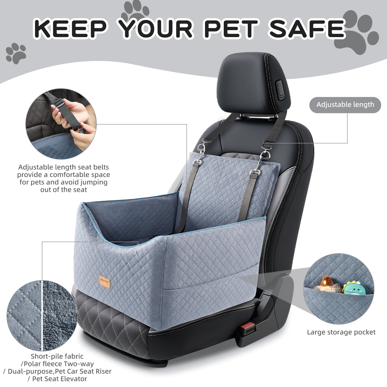 NIYAPAW Elevated Dog Car Seat for Small/Medium Dogs up to 35 lbs,Memory Foam Pet Booster Seat with dog car bed, Safety Pet Seat with Seatbelt Channel，Washable and Detachable (Gray)