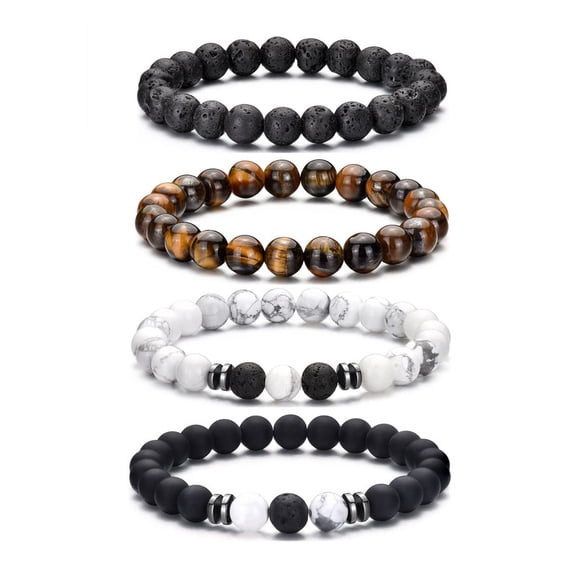 Tiger Eye Bracelet For Men 8MM Natural Stone Beads Bracelet Set Stretch Adjustable Lava Rock Bracelets Black Crystal Beaded Bracelet for Men Women Halloween Christmas Jewelry Gift