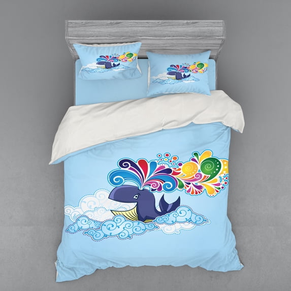 Ambesonne Cartoon Bedding Set 4 Pcs, Whale on Cloud Rainbow, Queen, Multicolor