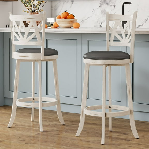 Joywind Farmhouse Swivel Bar Stools Set of 2, 30" Carved Lotus Barstools, Faux Leather Upholstered Bar Chairs with Solid Footrest & Wood Legs, Antique White