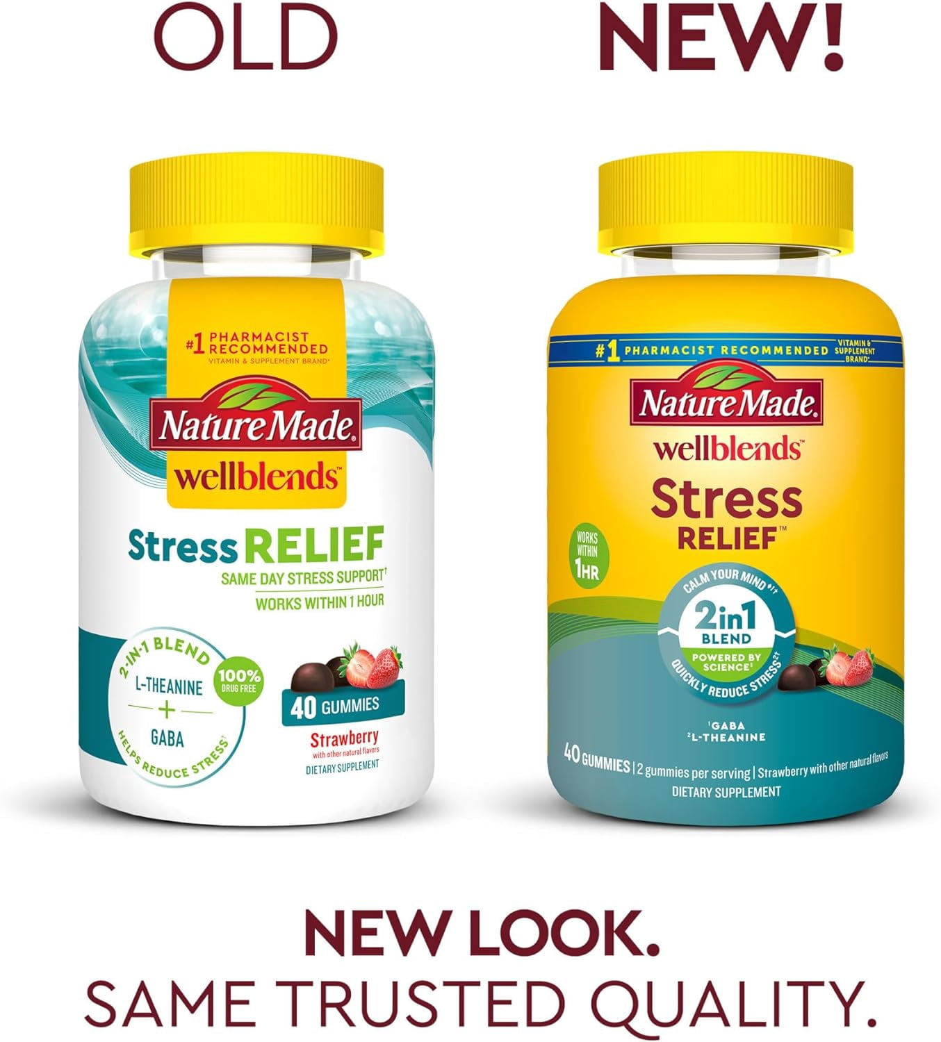 Nature Made Wellblends Stress Relief Gummies, L-theanine to help reduce stress, with GABA, Same Day Stress Support, 40 Strawberry Flavor Gummies