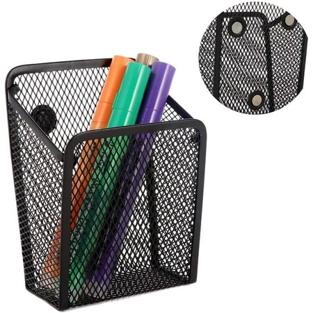 GIXUSIL 1Pcs Magnetic Pen Pencil Holder, Black Mesh Metal Organizer, Generous Compartment Storage Basket for Whiteboard, Fridge, Cubicle Desks, Locker Accessories