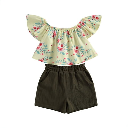 

2Pcs Toddler Girl Summer Outfits Off Shoulder Short Sleeve Floral Tops + Short Pants Set