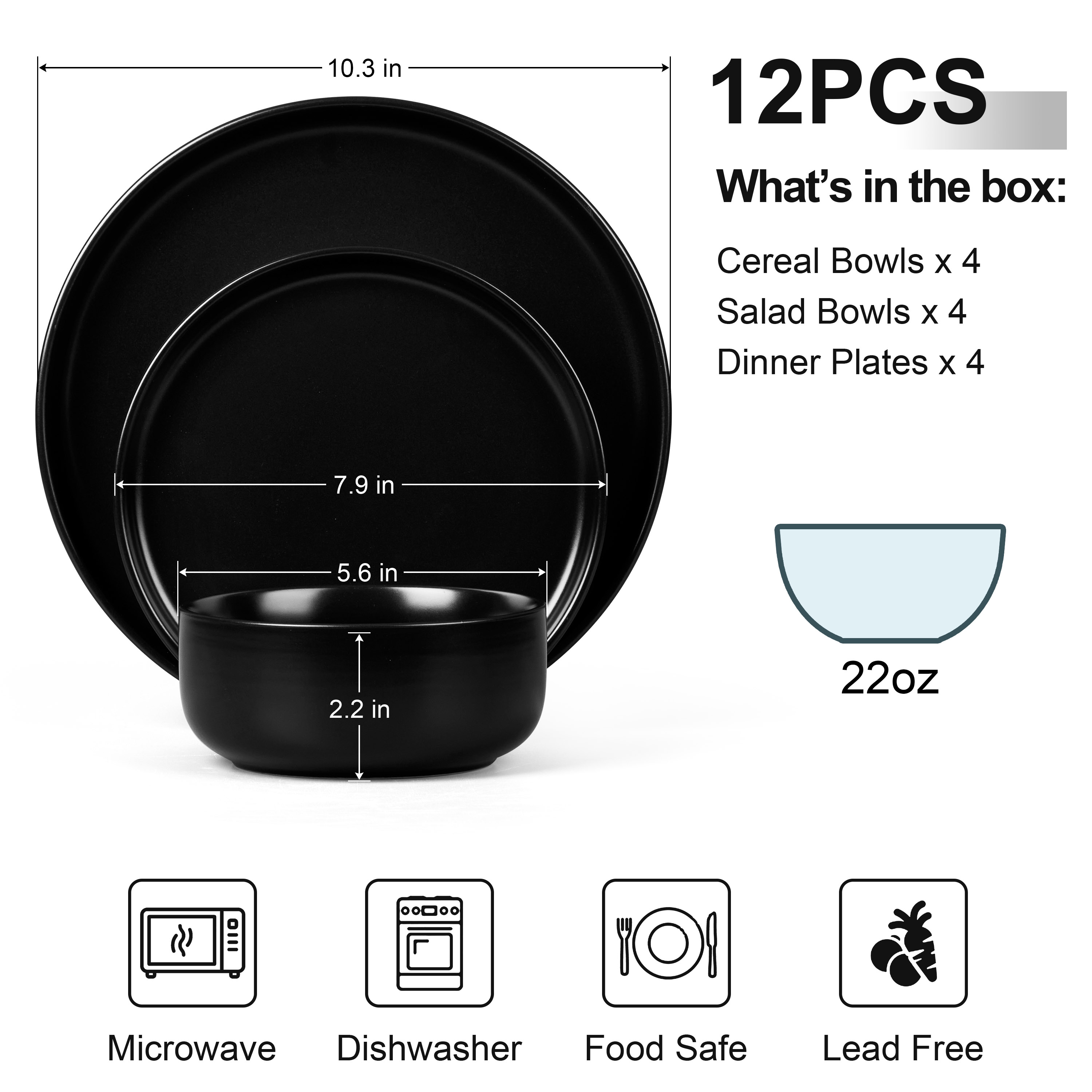 Vesteel Stoneware Dinnerware Set for 4, 12-Piece, Matte Black photo 8