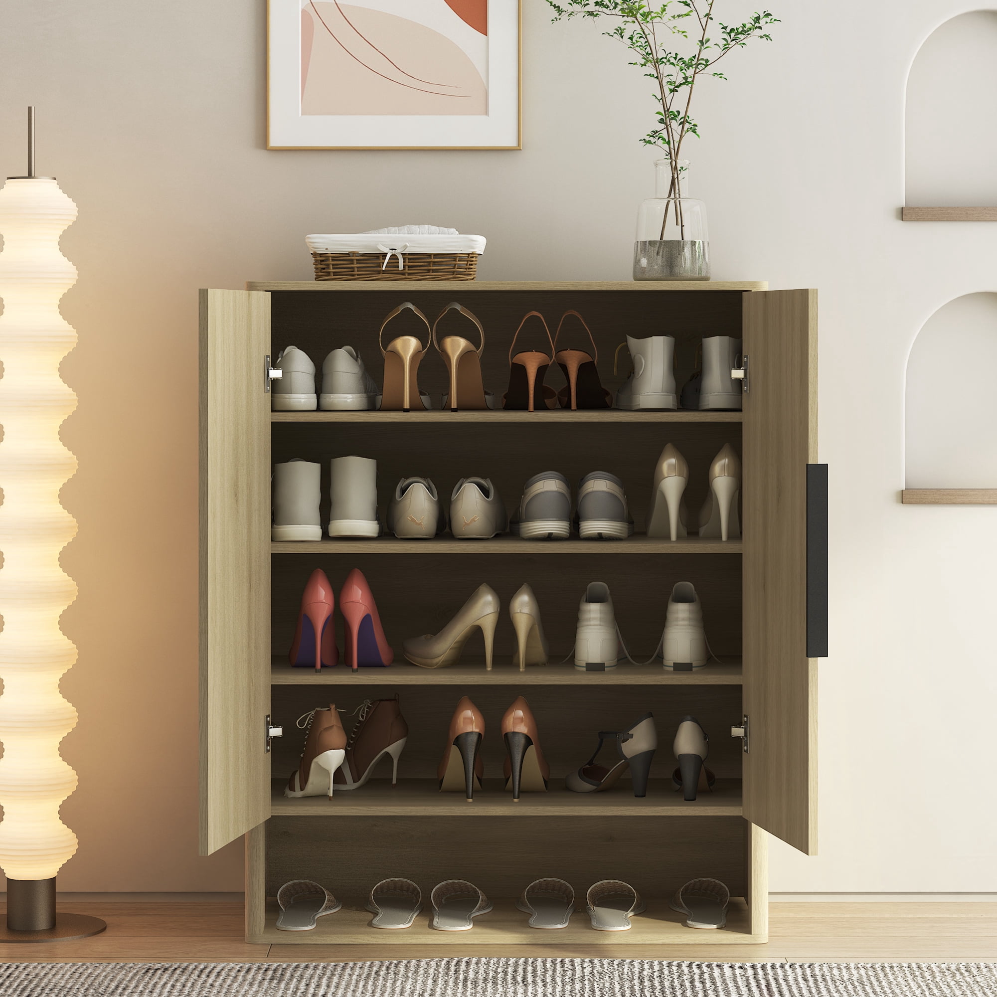 Aukfa 4-Tier Entryway Shoe Cabinet with Adjustable Shelves, Wooden Shoe Storage Organizer, Anti-Tip Design, Natural