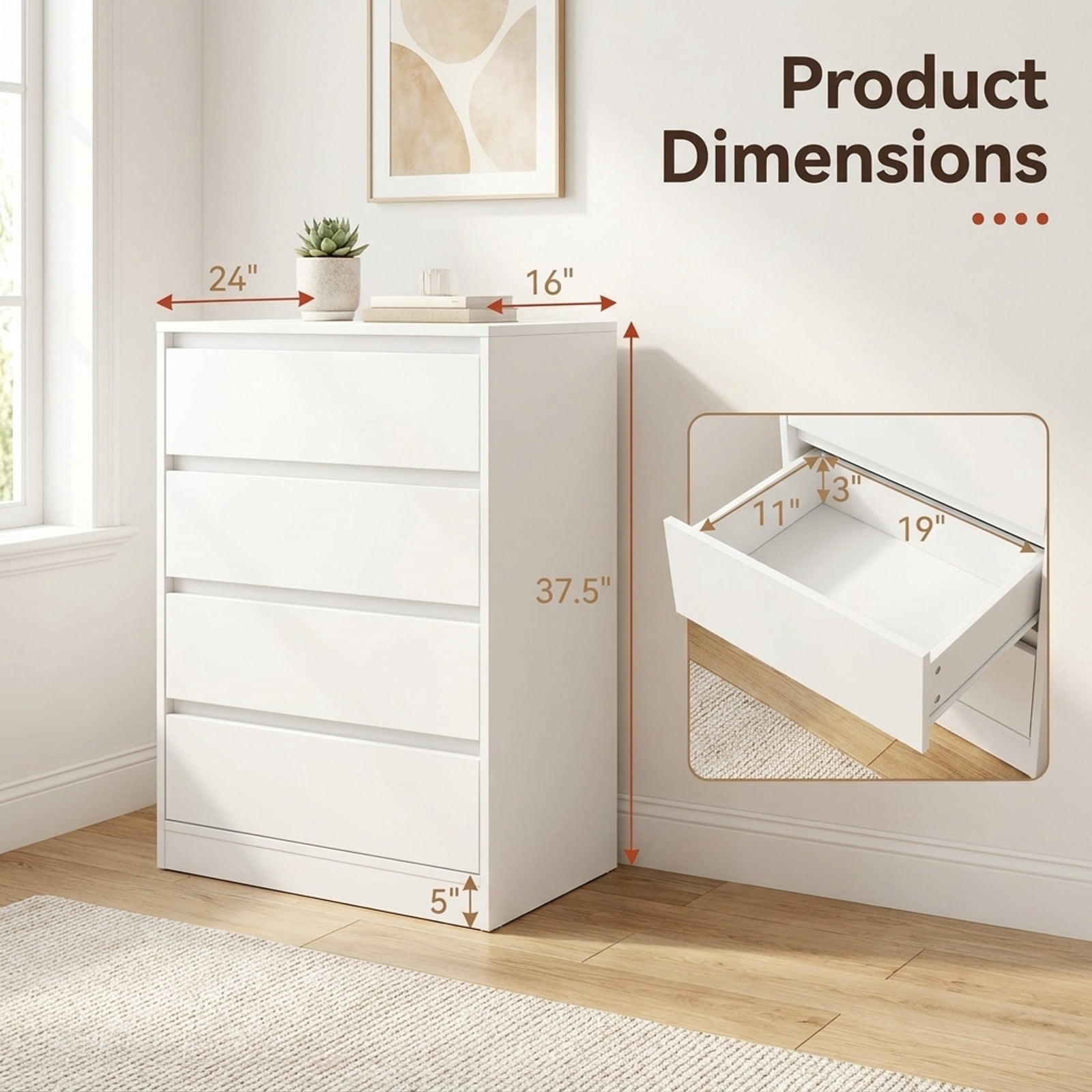 Furnibear 4-Drawer Dresser Wooden Nightstand with Anti-Tipping Kits for Bedroom Closet Living Room Nursery Clothes Storage, White