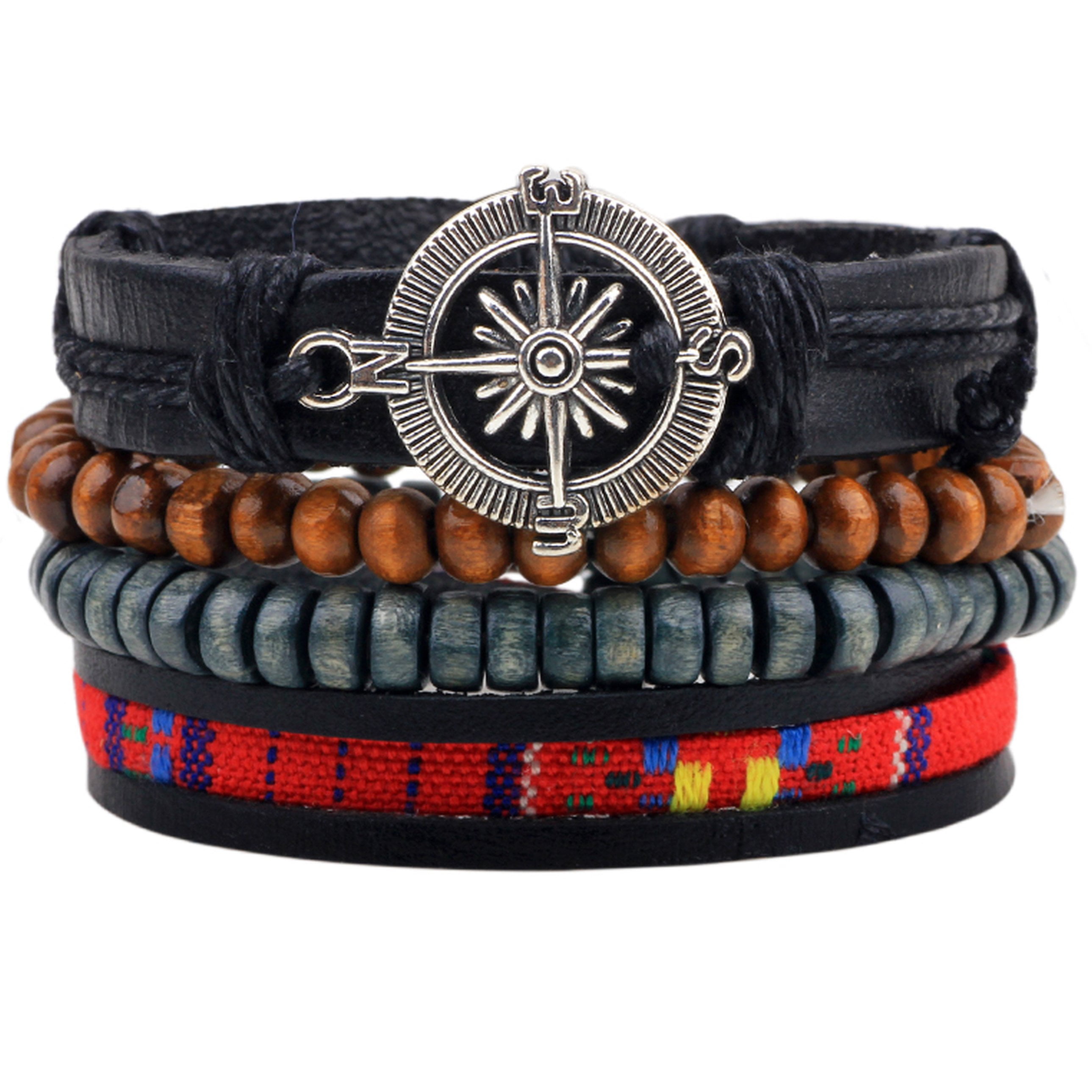 Unisex Tribal Wood Beads and Metal Compass Leather Wristband Bracelet For Men or Women, 4pcs Set