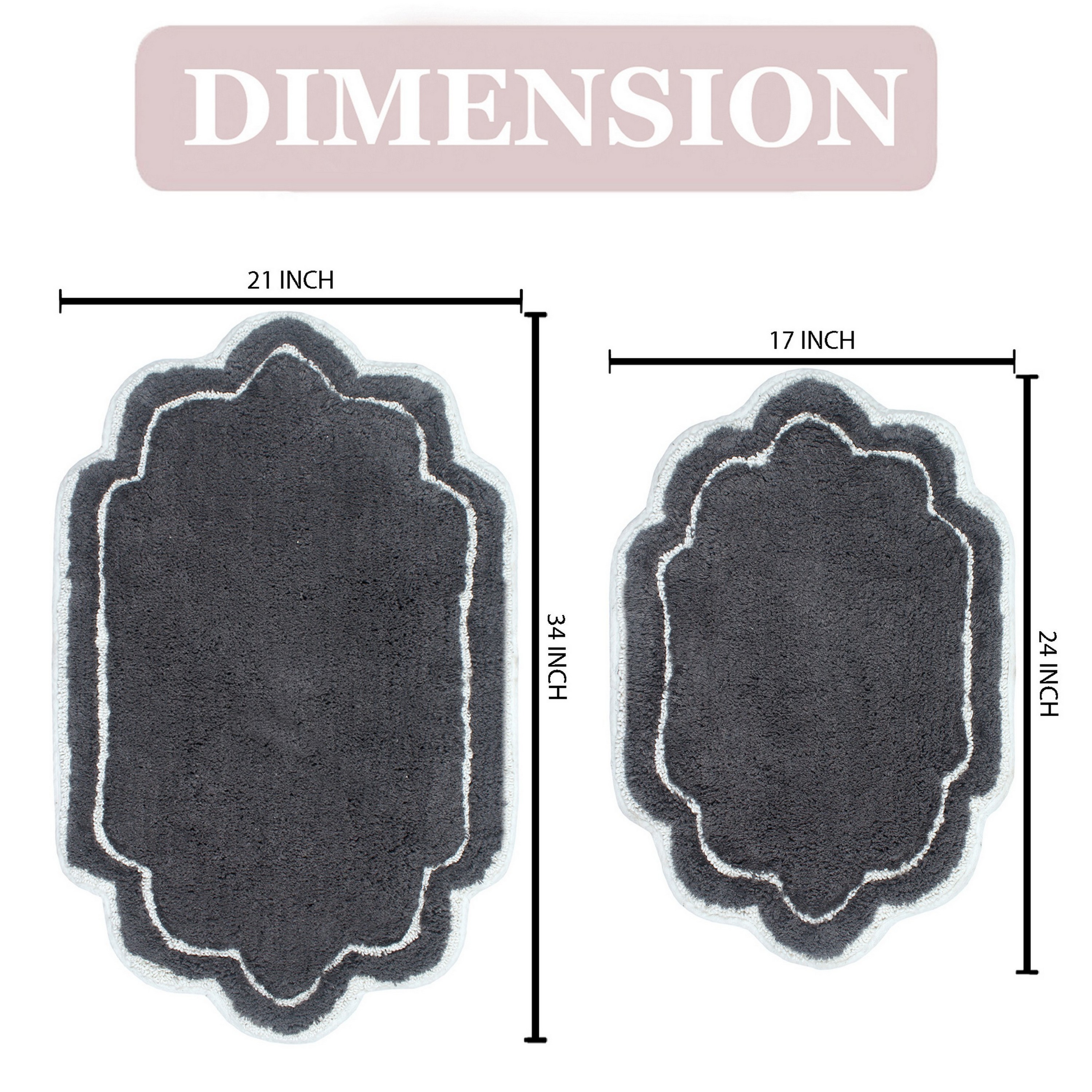 Home Weavers Allure Collection 100% Cotton Non-Slip Bathroom Rug Set Machine Washable Bathroom Rug-17"x24", Bath Rug- 21"x34", Dark Gray Color 2 Piece Bath Rug set