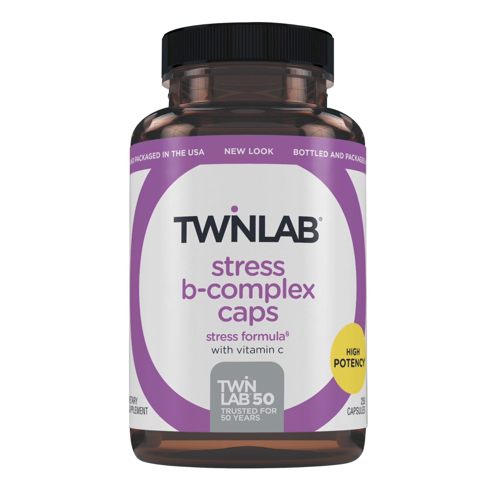 Twinlab Stress B-Complex Caps - High Potency Vitamin B Complex Capsules with Vitamin C 1000mg - Long-Lasting Energy for Immune Support, Stress Relief and Nerve Support, 250 capsules, 1-pack