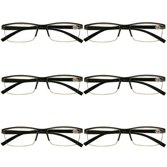 6 Packs Mens Rectangle Half Frame Reading Glasses Blue Light Blocking Black Spring Hinge Readers  1.00