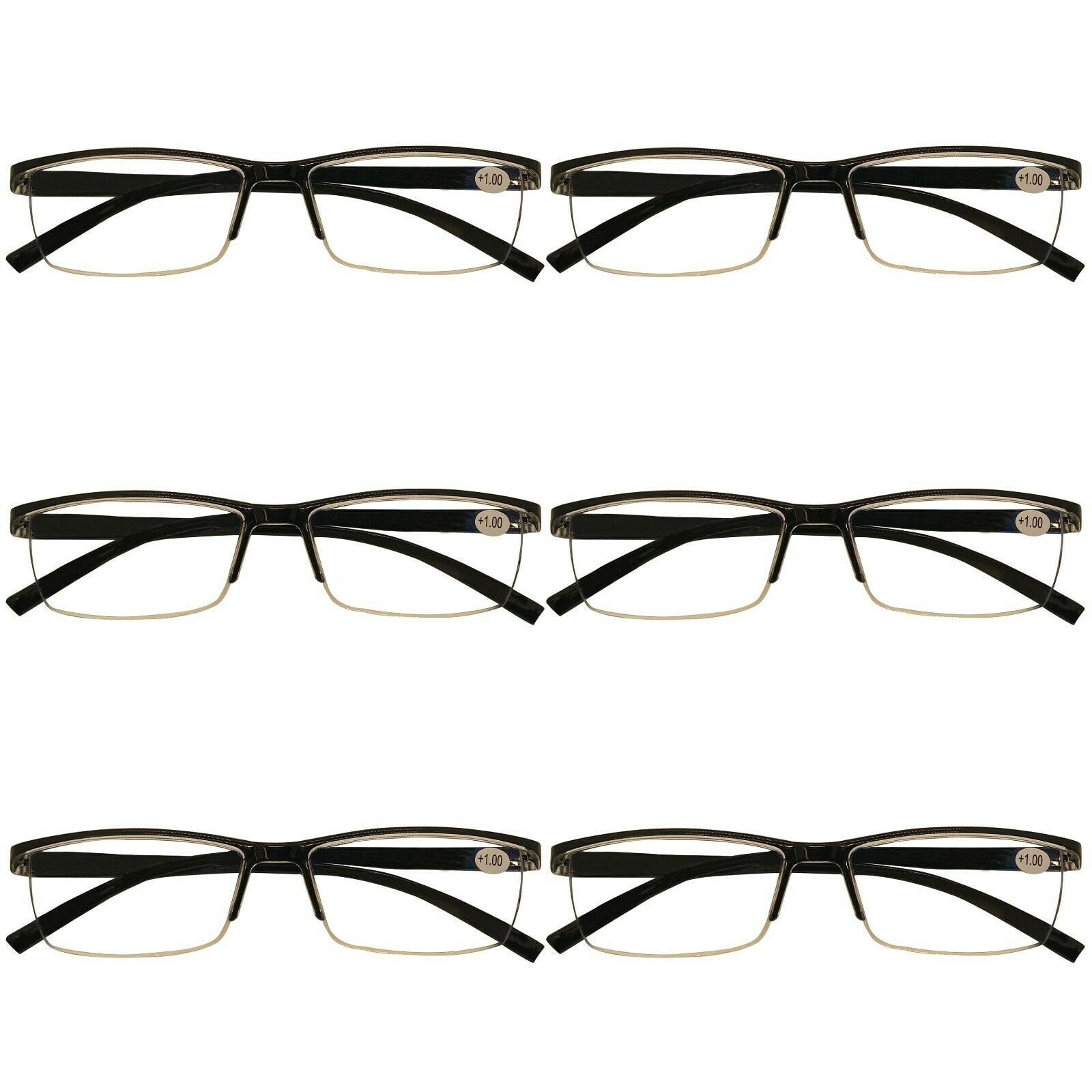 6 Packs Mens Rectangle Half Frame Reading Glasses Blue Light Blocking Black Spring Hinge Readers +1.75