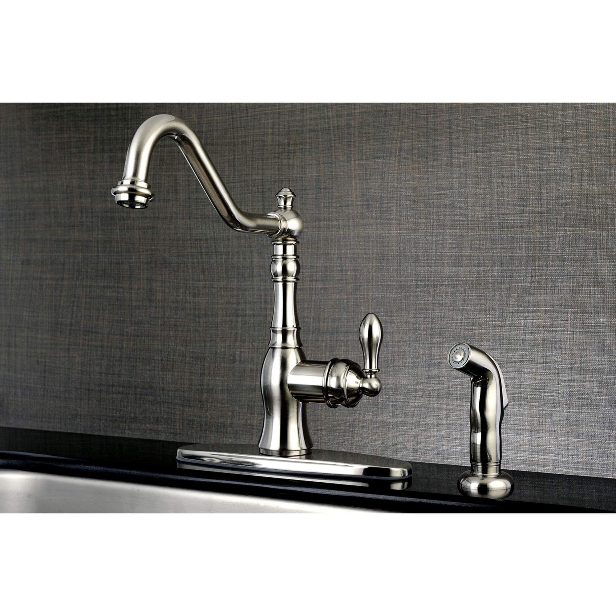 Kingston Brass GSY7708ACLSP American Classic Single-Handle 2-or-4 Hole Deck Mount Kitchen Faucet with Side Sprayer in Brushed Nickel