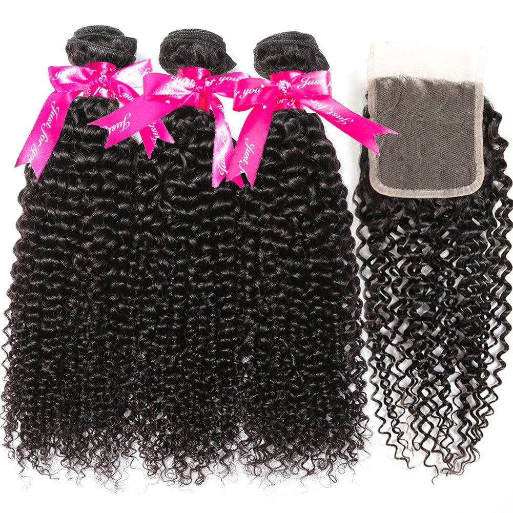 Premium Kinky Curly Human Hair 3 Bundles with 4x4 Lace Closure 100 Gram Each Bundle Thick End