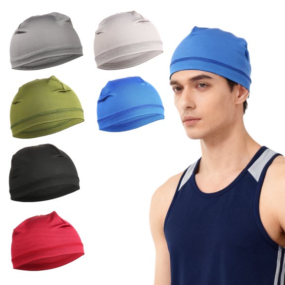 6 Pack Men Skull Caps Spandex Beanies Sleep Hats Sweat Wicking Cap Running Hats Cycling Skull Caps for Men Multifunctional Helmet Liner Cap for Men and Women
