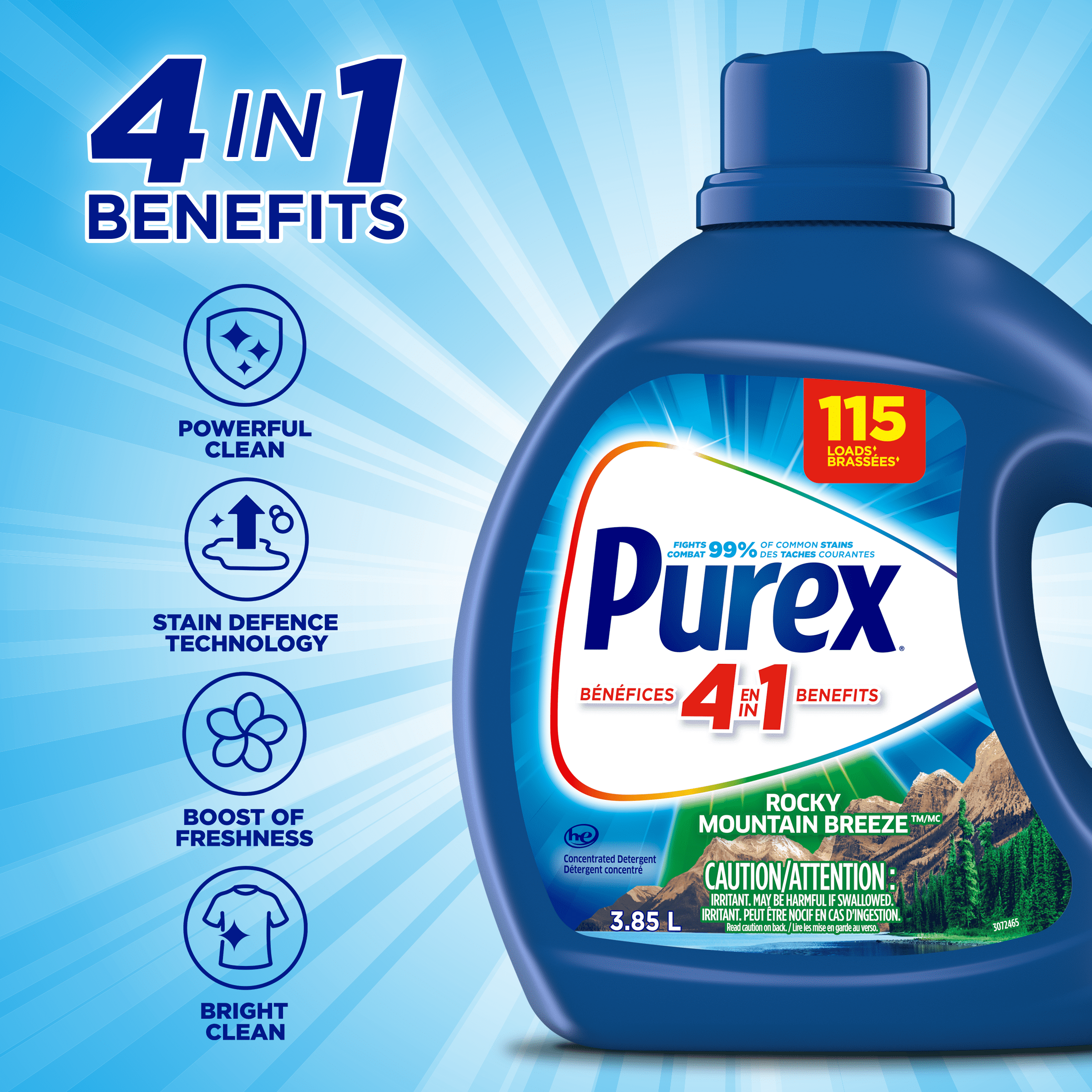 Purex Rocky Mountain Breeze, Concentrated Liquid Laundry Detergent with 4in1 benefits, Tough on Stains, Brightens and Whitens Clothes, 3.85L, 115 Wash Loads, HE Compatible