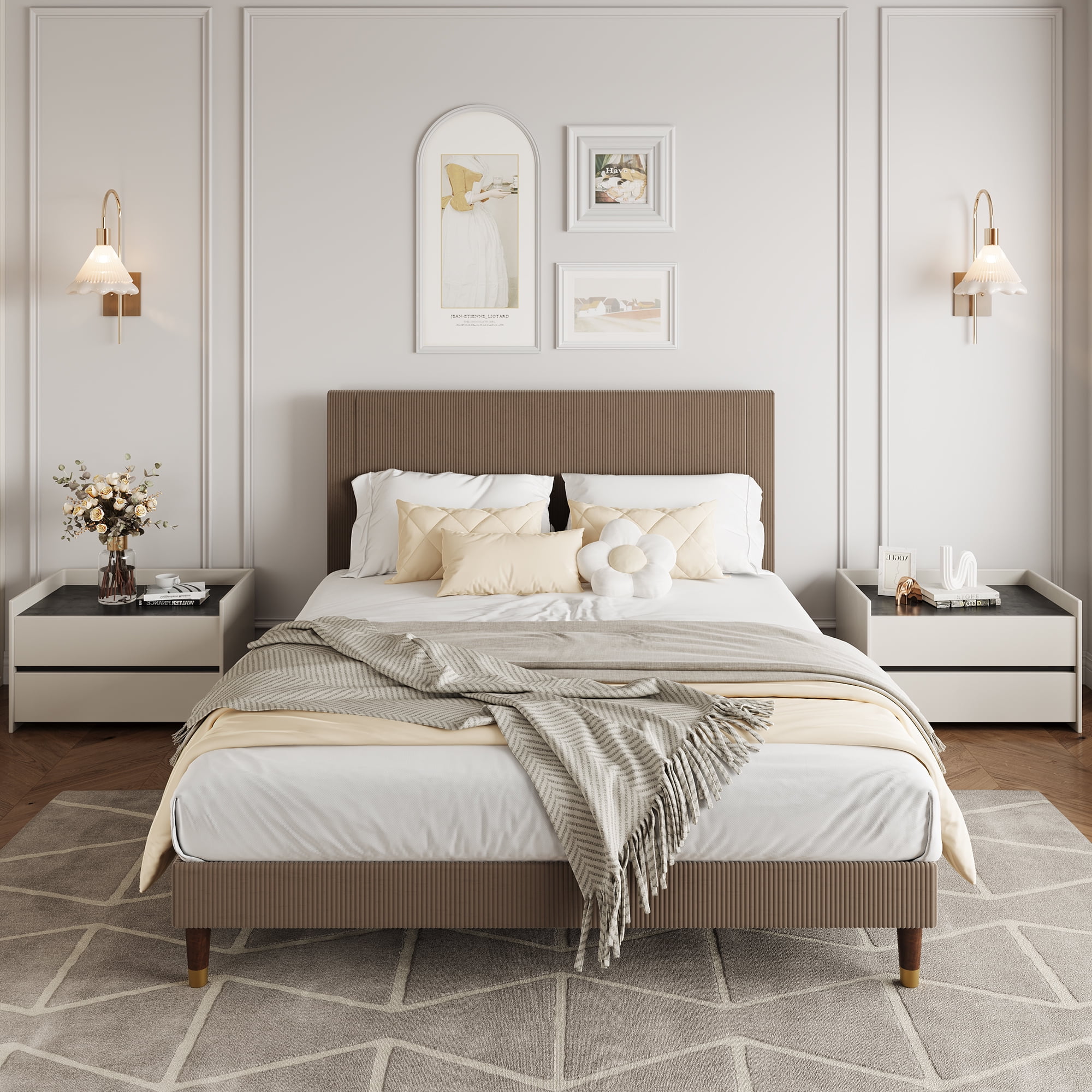 King Size Corduroy Bed Frame with Headboard, Heavy Duty Wood Slats, Noise-Free & Easy Assembly, No Box Spring Needed, Modern for Bedroom, Guest Room, Apartment