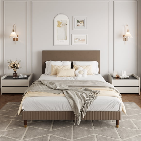 Twin/Full/Queen/King Size Upholstered Platform Bed Frame - Modern Fabric Headboard, Metal Frame & Wooden Slats Double Support, Non-Slip Noise-Free, No Box Spring Needed