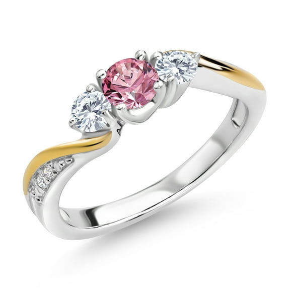 Gem Stone King 925 Sterling Silver and 10K Yellow Gold Pink and White Lab Grown Diamond 3 Stone Engagement Ring for Women (0.48 Cttw, Gemstone April Birthstone, Size 8)