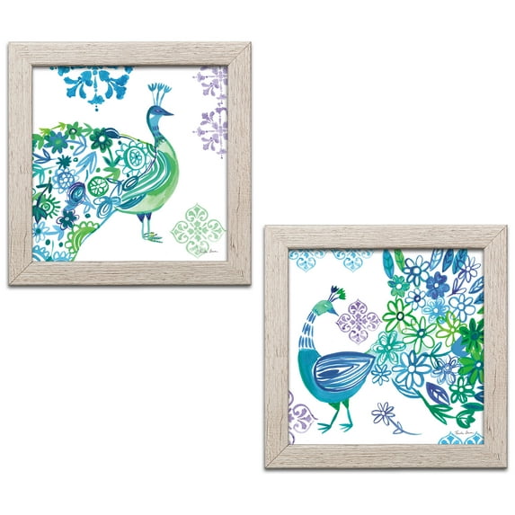 Gango Home Decor Contemporary Jewel Peacocks I & II by Farida Zaman (Ready to Hang); Two 12x12in Distressed Framed Prints