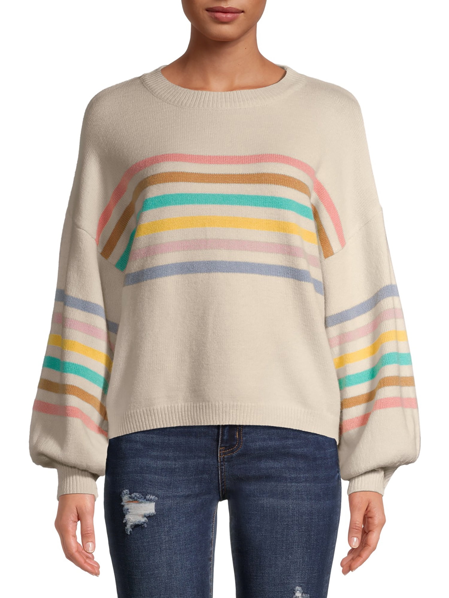 Dreamers by Debut - Debut Women's Rainbow Striped Puff Sleeve Sweater ...