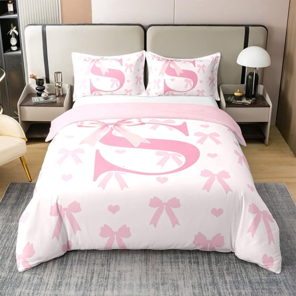 100% Cotton Initial Letter S Duvet Cover,Dreamy Bow Love Hearts Kawaii Pink Comforter Cover,Princess Style Pink Bowknot Girly Romantic Decorative Quilt Cover,3Pcs Full Size(No Comforter)