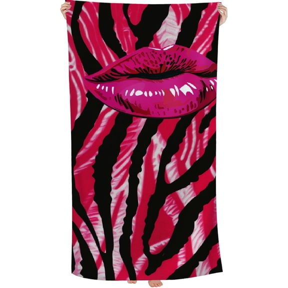 Hot Pink Lips Zebra Printed Microfiber Sand Free Pool Towel Lightweight Oversized Quick Dry Absorbent Compact Travel Must Have for The Swimming Summer Cruise Ship Essentials