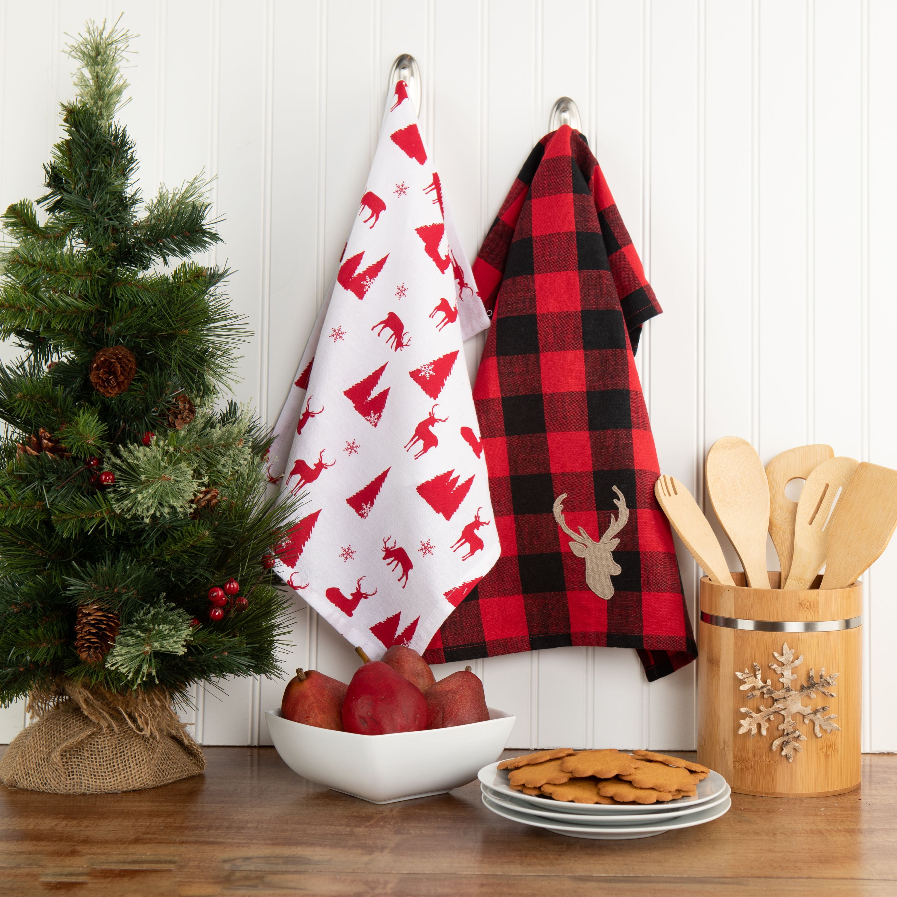 Happy Holidays l Snowflakes Red Buffalo Plaid Kitchen Towel, Zazzle