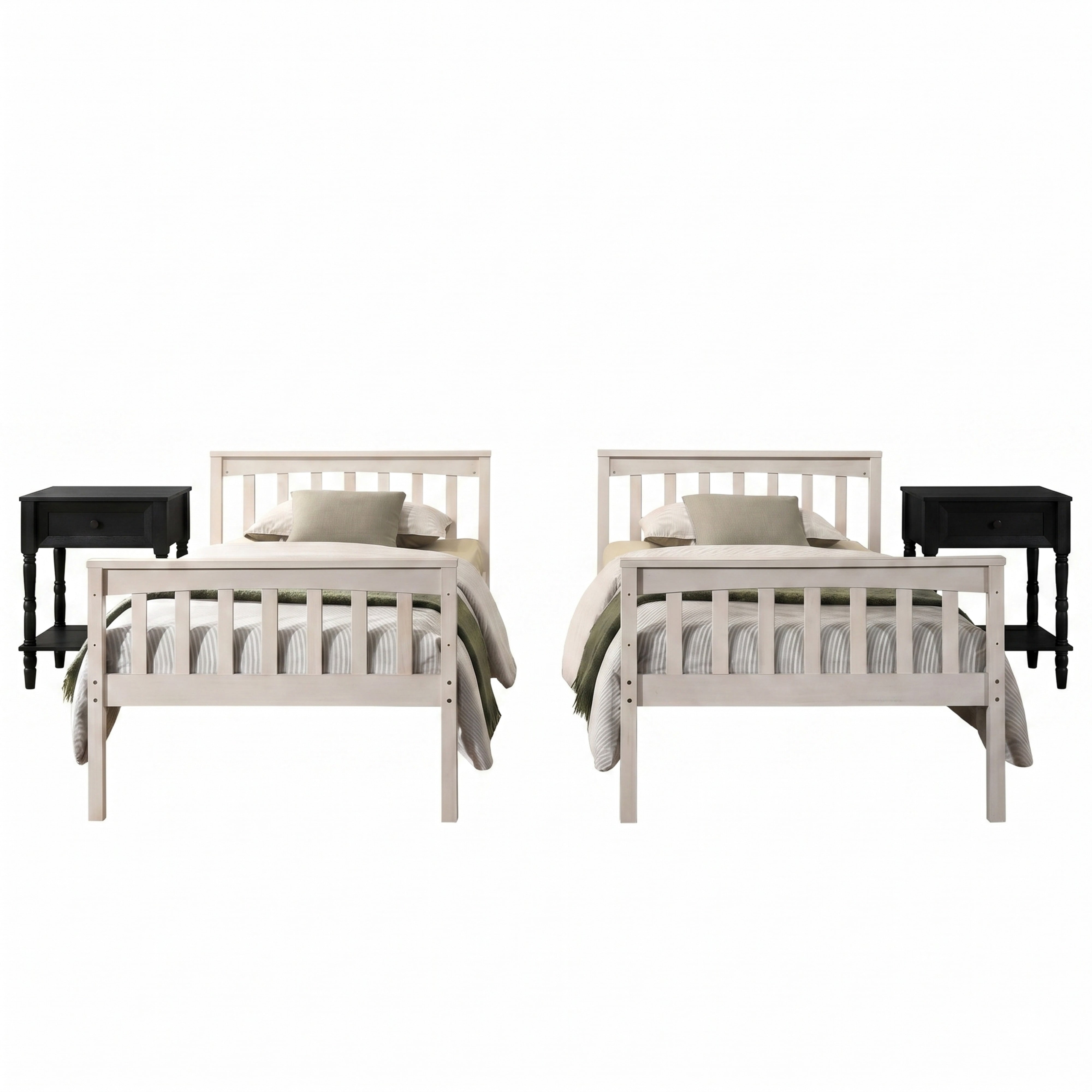 Home Design Ames Twin Over Twin Solid Wood Bunk Bed with 2 Ruston Nightstand – 3-Piece Space-Saving Bedroom Set, Antique White/ Black