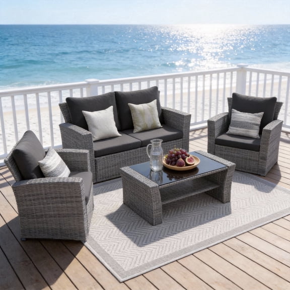 KIOOTTO 4-Piece Outdoor Patio Furniture Set, All-Weather Wicker Conversation Set with Thick Cushions & Tempered Glass Table, Dark Gray