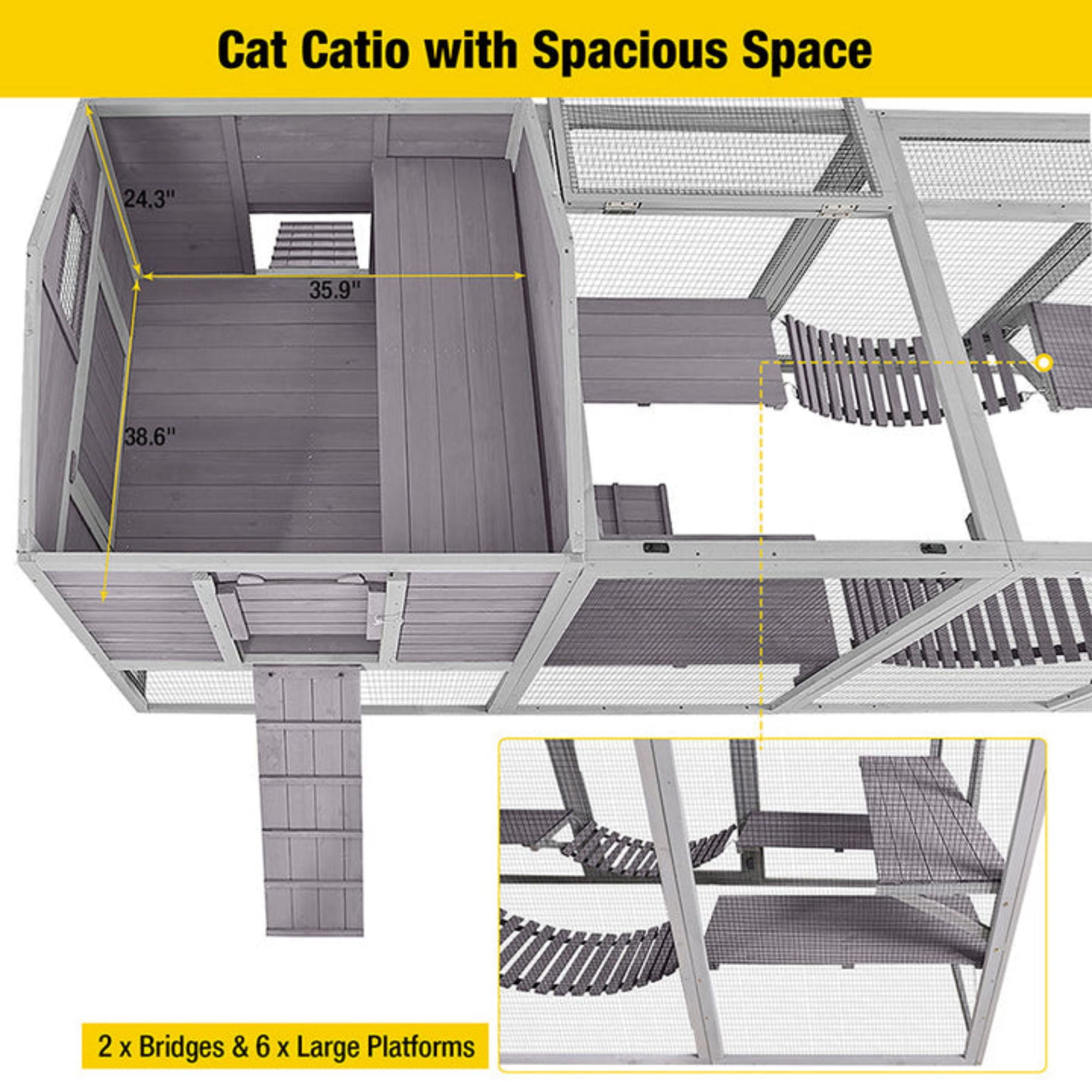 Aivituvin Catio Outdoor Cat House 90"H with 2 Bridges 6 Platforms Large Cat Enclosure for 2-3 Cats