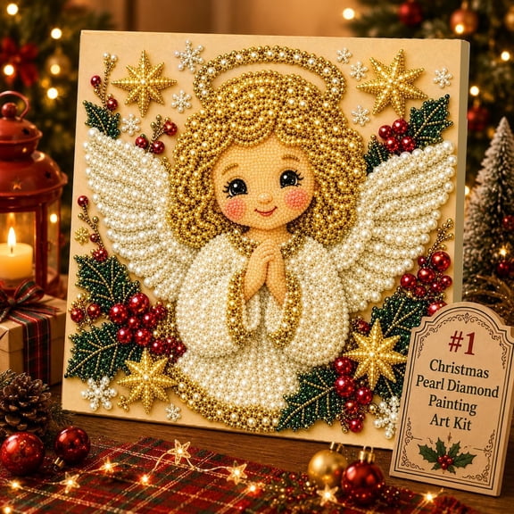 DIY Christmas Pearl Diamond Painting Art Kit with Frame, Christmas Pearl Beads Art Craft for Adults Beginner, Gemstone Diamond Dots Beads Handmade Hanging Painting Kit for Home Wall Decor (#P)