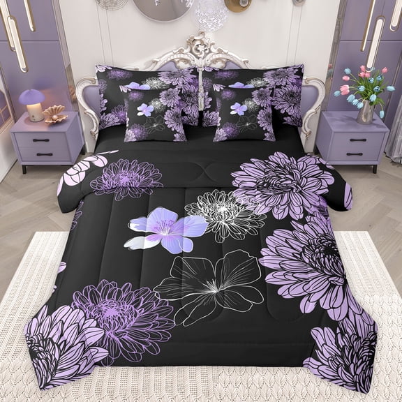 jejeloiu Purple Flower Blossom 7-Piece Twin Bedding Sets,Retro Floral Pattern Bedding Comforter Set,Minimalist Aesthetic Artwork Sheet Sets For Girls,Breathable Home Decor Reversible