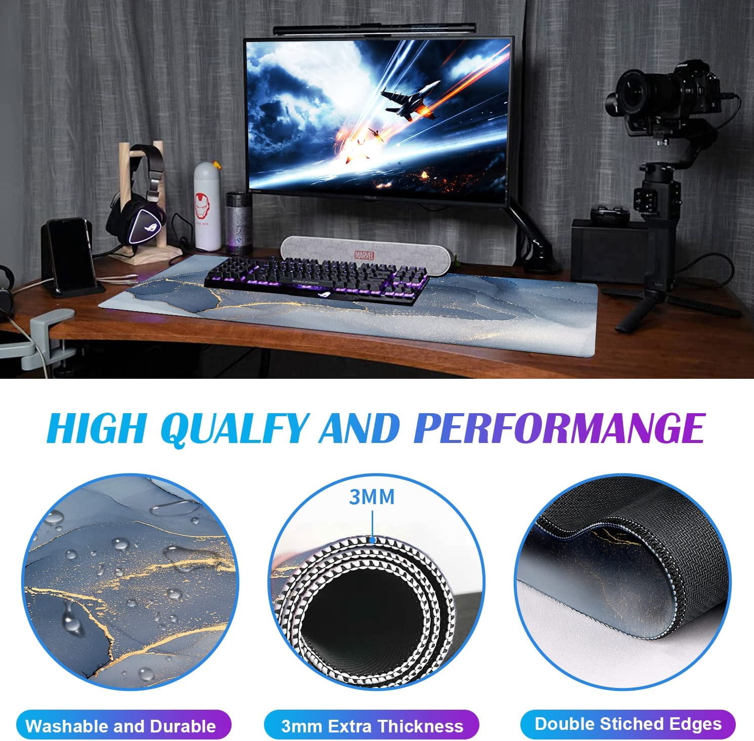 Large Extended Gaming Mouse Pad with Stitched Edges, Non-Slip Waterproof Rubber Base Mouse Pad for Office, Computer, Keyboard, Laptop and Home Desk Pad 35.4 x 15.7 x 0.12 Inch (Grey Blue Marble)