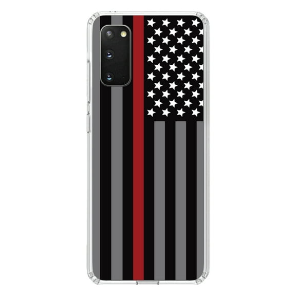 DistinctInk Clear Shockproof Hybrid Case for Galaxy S20 PLUS / 5G (6.7" Screen) - TPU Bumper, Acrylic Back, Tempered Glass Screen Protector - Thin Red Line US Flag Fire Rescue - First Responders